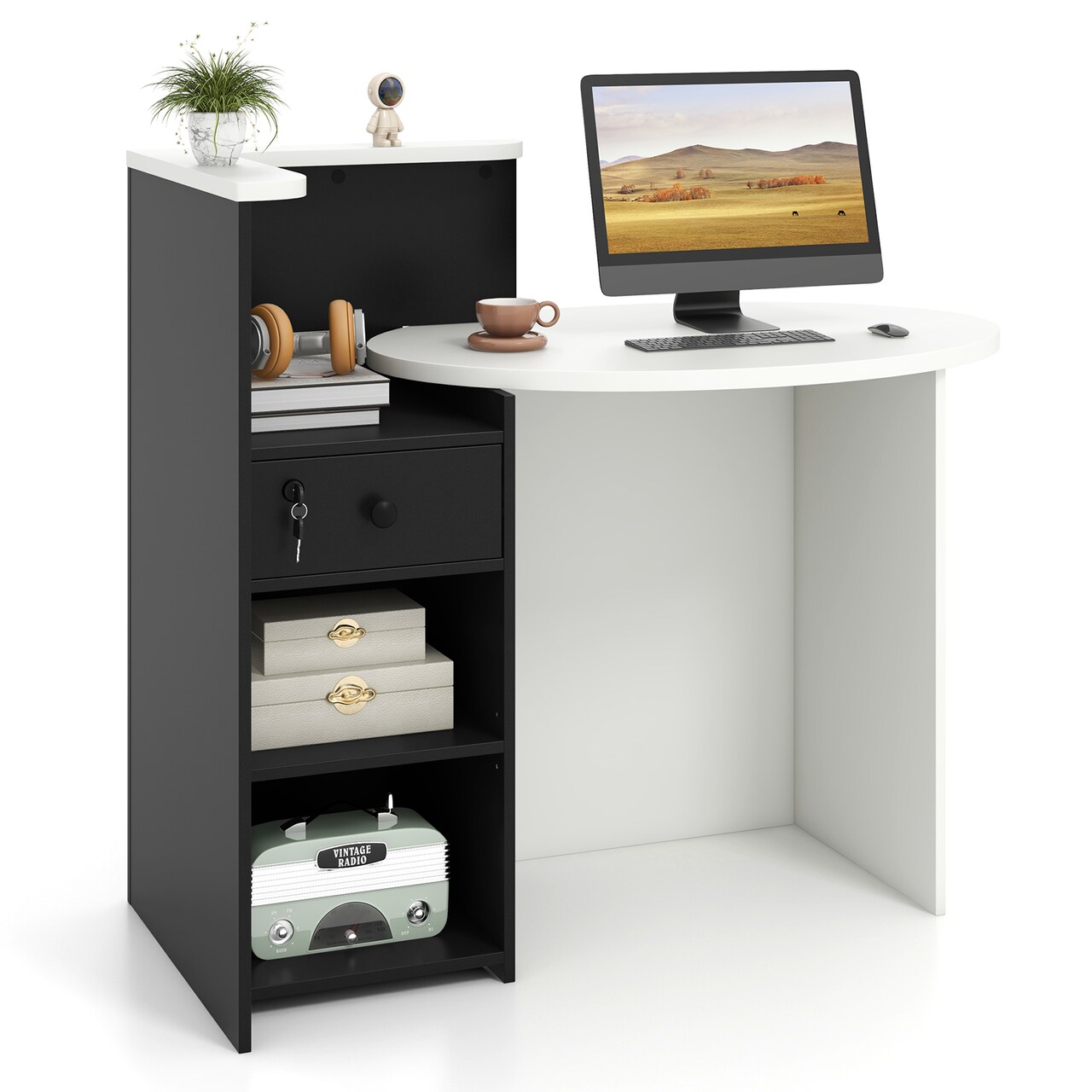 Reception Office Desk with L-Shaped Shelf, Drawer and Adjustable Storage